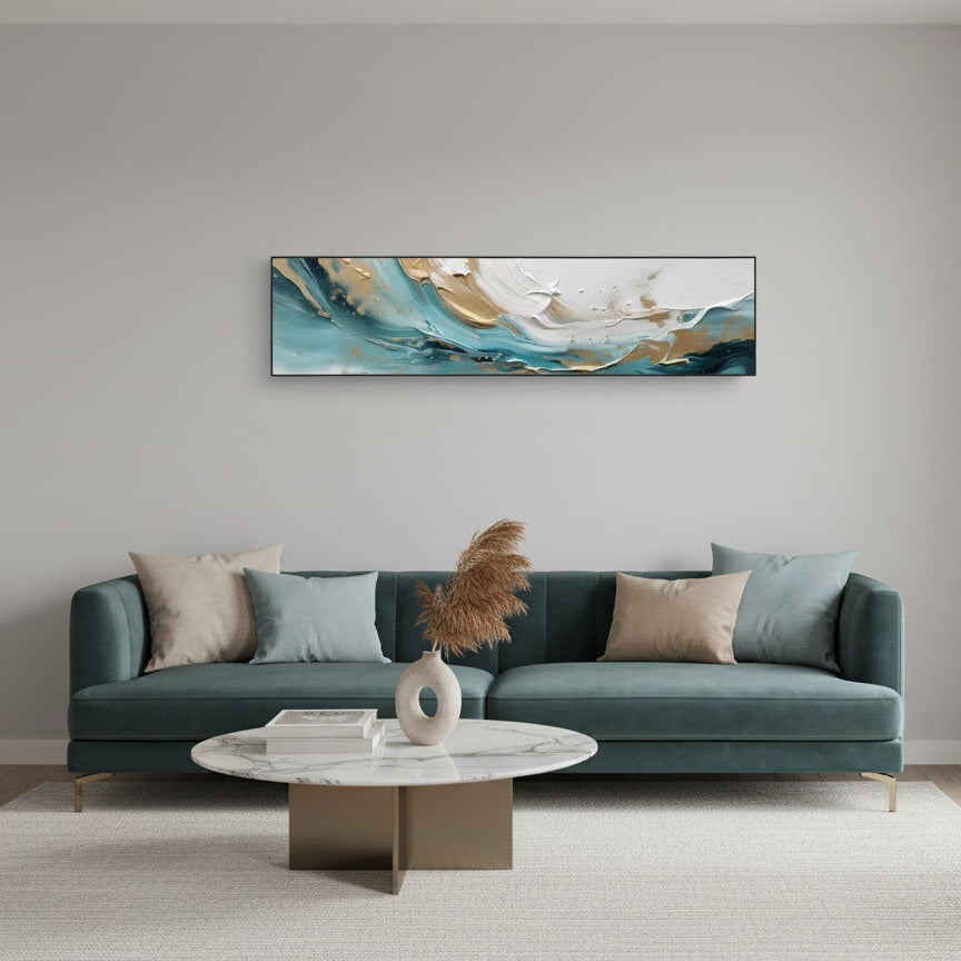 Modern living room with a teal sofa, abstract painting, and decorative items.