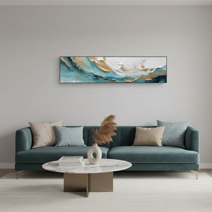 Modern living room with a teal sofa, abstract painting, and decorative items.
