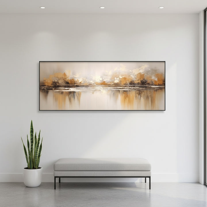 Abstract painting on a wall above a bench in a modern interior setting