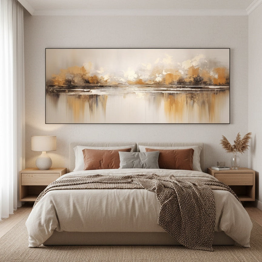 Modern bedroom with abstract wall art, bed, and side tables.