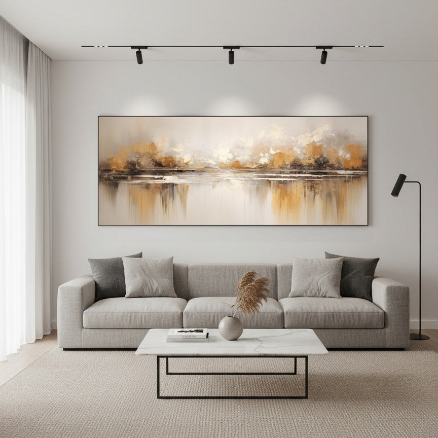 Modern living room with a large abstract painting above a gray sofa.