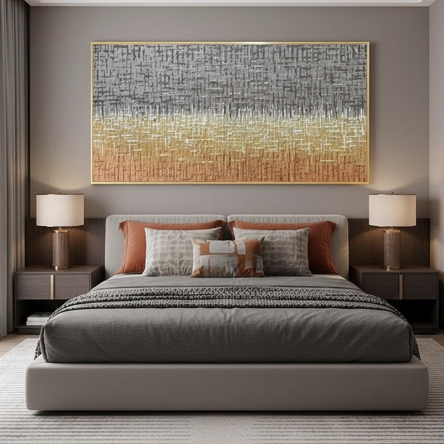 Modern bedroom with a bed, nightstands, and abstract wall art.