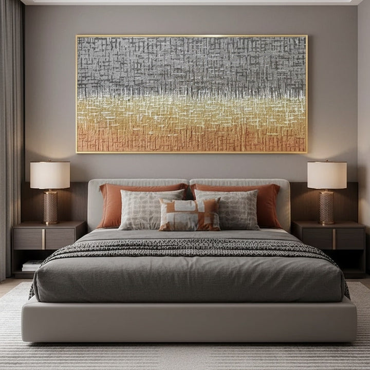 Modern bedroom with a bed, nightstands, and abstract wall art.
