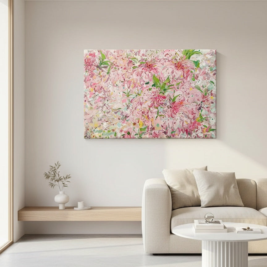Floral painting on a wall in a modern living room